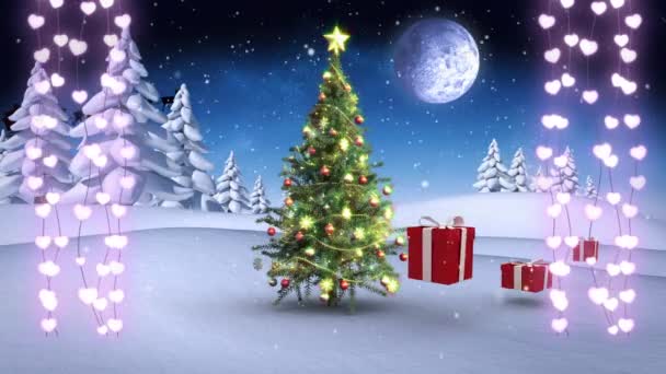 Animazione Luci Natalizie Albero Regali Nel Paesaggio Invernale Notturno Natale — Video Stock