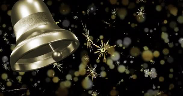 Золотой Рождественский Колокол Над Снежинками Светлыми Пятнами Черном Фоне Рождество — стоковое видео