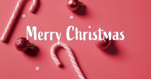 圣诞节快乐的文字在糖果手杖和红色背景的红色灌木之上 装饰品 问候和庆祝活动 — 图库视频影像