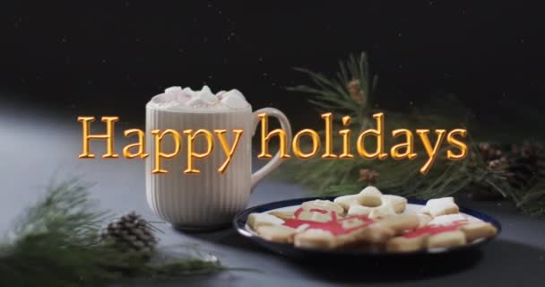 Feliz Feriados Texto Laranja Sobre Chocolate Quente Natal Biscoitos Natal — Vídeo de Stock