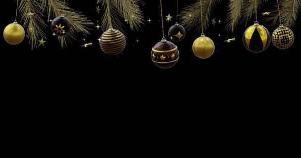 Balões Pretos Dourados Balançando Árvore Natal Com Estrelas Ouro Fundo — Vídeo de Stock