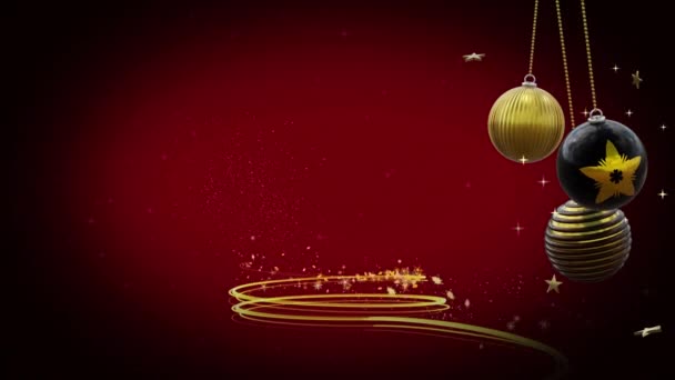 Fekete Arany Karácsonyi Dísztárgyak Spirális Hullócsillag Feliz Navidad Szöveg Piros — Stock videók