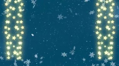 Yıldız şeklindeki ışıkların üzerine düşen kar tanelerinin animasyonu mavi arka planda fotokopi alanı ile birlikte. Noel şenliği ve kutlama konsepti