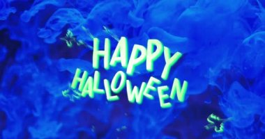 Mavi arka planda mutlu cadılar bayramı mesajları ve yarasaların animasyonu. Cadılar Bayramı, gelenek ve kutlama konsepti dijital olarak oluşturuldu.
