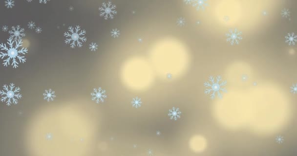 Animatie Van Sneeuwvlokken Vallen Tegen Gloeiende Lichtvlekken Grijze Achtergrond Met — Stockvideo