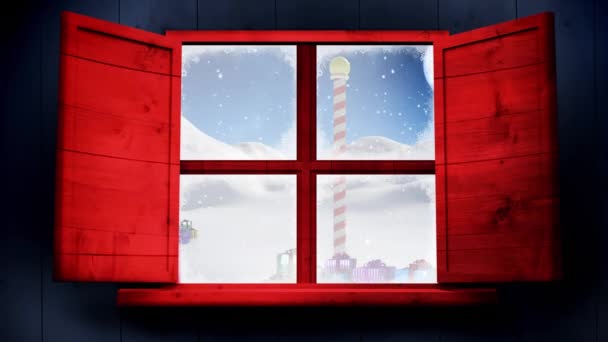 Анимация Открытия Окна Над Снегом Падающего Рождественские Подарки Северного Полюса — стоковое видео