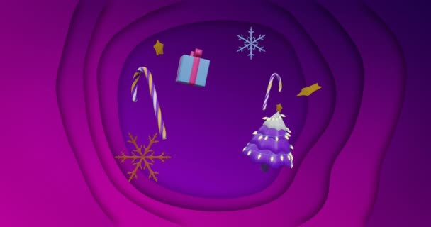 Árbol Navidad Decoraciones Regalo Bastones Caramelo Flotando Sobre Fondo Púrpura — Vídeo de stock