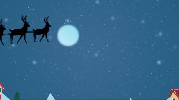 Animação Neve Caindo Sobre Papai Noel Trenó Puxado Por Renas — Vídeo de Stock