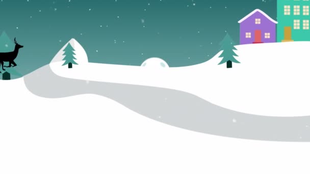 Animacja Śniegu Spadającego Świętego Mikołaja Saniach Ciągniętych Przez Renifery Zimowy — Wideo stockowe
