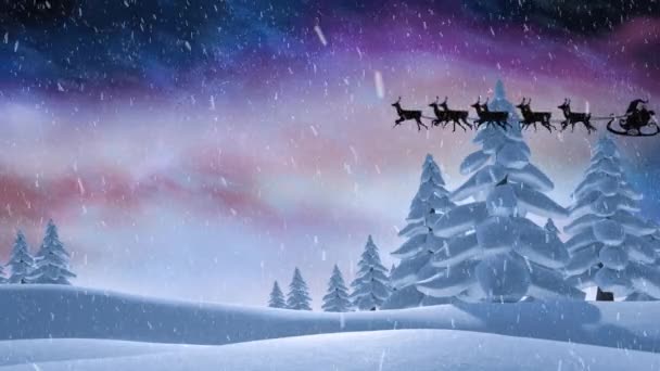 Animatie Van Sneeuw Vallen Kerstman Slee Wordt Getrokken Door Rendieren — Stockvideo