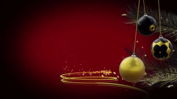 Schwungvolle Schwarz Goldene Kugeln Über Spiralförmigen Sternschnuppen Und Fröhlichen Weihnachtstext — Stockvideo