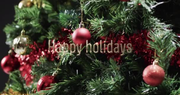 Feliz Feriados Texto Sobre Decorações Árvore Natal Natal Tradição Saudações — Vídeo de Stock
