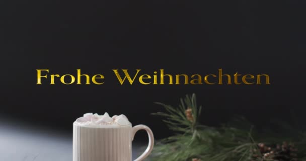 Frohe Weihnacthen Text Guld Över Jul Varm Choklad Och Kakor — Stockvideo