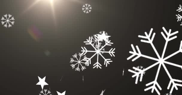 Animatie Van Lensfakkels Sneeuwvlokken Vrolijk Kerstfeest Vrolijke Nieuwjaarstekst Zwarte Achtergrond — Stockvideo