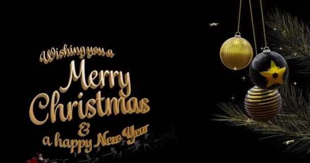 Veselé Vánoce Šťastný Nový Rok Text Balck Zlaté Cetky Hvězdy — Stock video