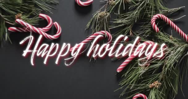 在黑色的圣诞树枝条和糖果手杖上 用白色写着快乐的节日祝福 圣诞节 问候和庆祝数字制作的录像 — 图库视频影像