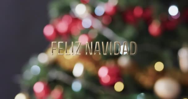 Texto Feliz Navidad Doces Sobre Luzes Desfocadas Árvore Natal Natal — Vídeo de Stock