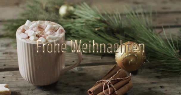 木のマシュマロとクリスマスの装飾とホットチョコレートの上のフロイス クリスマス ドイツ語 お祝いのデジタル生成ビデオ — ストック動画