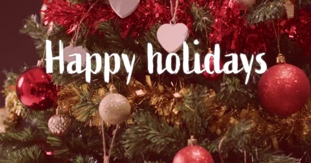 Щасливі Свята Текст Білому Над Прикрасами Ялинці Різдво Новий Рік — стокове відео