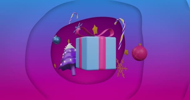Arbre Noël Flottant Cadeaux Boules Sur Fond Bleu Violet Noël — Video