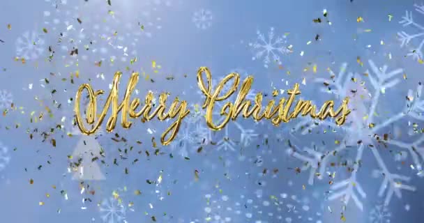 在蓝色的背景上 用雪花飘落和爆裂的彩霞作为欢愉的圣诞祝福的动画 数码生成 全息图 圣诞节庆典 寒假和庆祝活动 — 图库视频影像