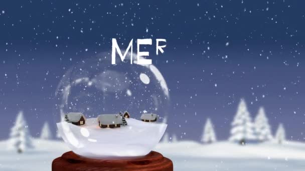 Animation Merry Christmas Text Snow Covered Houses Glass Sphere Snow — Stock Video
