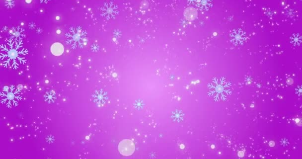 Animação Flocos Neve Flutuando Contra Pontos Brilhantes Luz Fundo Roxo — Vídeo de Stock