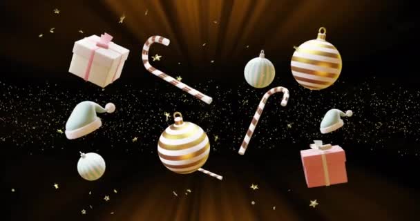Snoepstokken Cadeaus Kerstballen Boven Vallende Gouden Sterren Zwarte Achtergrond Kerst — Stockvideo