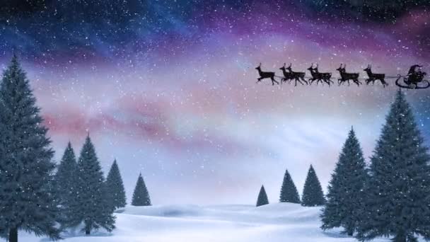 Анимация Снега Падающего Санта Клауса Санях Тянущейся Северными Оленями Зимнему — стоковое видео