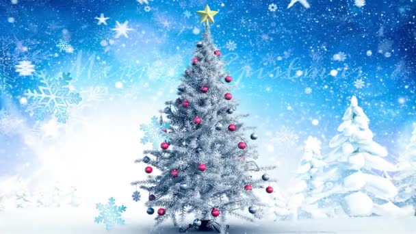 メリークリスマステキスト上の雪片のアニメーション 抽象的な背景にクリスマスツリーを飾りました デジタル生成 ホログラム イベント お祝いのコンセプト — ストック動画