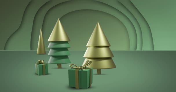 Modernistische Groene Gouden Kerstbomen Met Geschenken Kerstballen Groene Achtergrond Kerst — Stockvideo