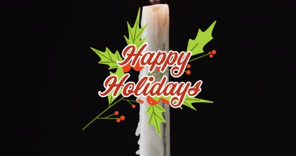 在黑色背景的点燃的烛光下 欢乐假日的文字被动画化了 圣诞节 传统和庆祝概念数字制作的录像 — 图库视频影像