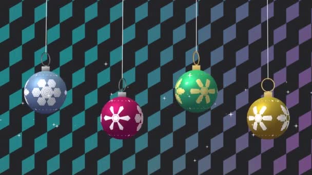 Schwingende Bunte Christbaumkugeln Mit Weißen Sternen Auf Diamantfarbenem Hintergrund Weihnachten — Stockvideo