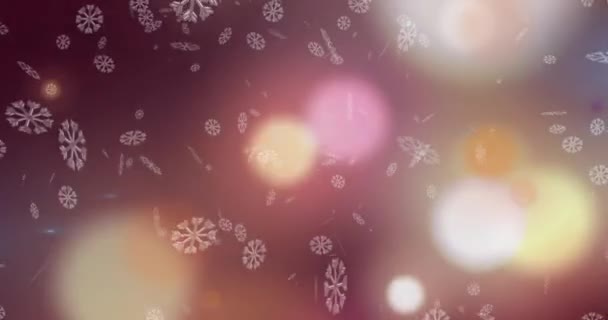 Animace Sněhových Vloček Dopadajících Zářící Světelné Skvrny Červeném Pozadí Kopírovacím — Stock video