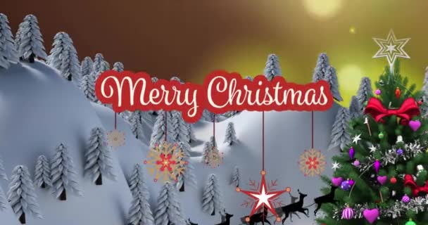 欢愉的圣诞文字 圣诞树 驯鹿雪橇 雪山和树木的动画 数字生成的全息图 假日和庆祝概念 — 图库视频影像