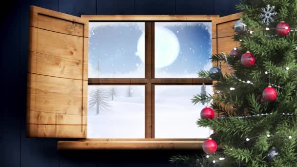 Animação Árvore Natal Decorada Vista Neve Caindo Paisagem Inverno Janela — Vídeo de Stock