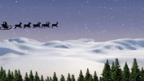 Animation Snow Falling Santa Claus Sleigh Being Pulled Reindeer Winter — Stock Video
