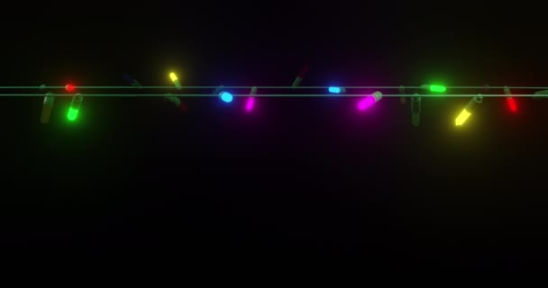 Strand Coloured Christmas String Lights Flashing Black Background Copy Space — Stock Video