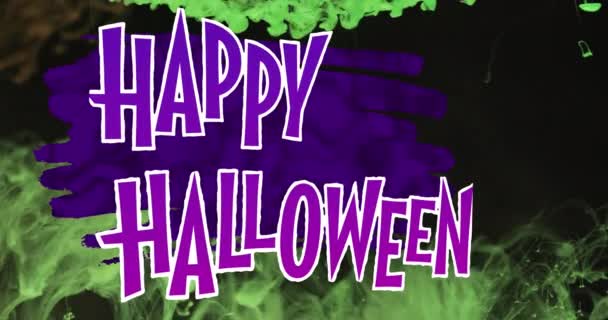 Animation Von Fröhlichem Halloween Text Auf Grünem Und Violettem Hintergrund — Stockvideo