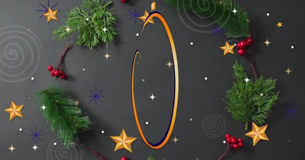 Анімація Веселого Різдва Щасливого Новорічного Тексту Прикрасами Сірому Фоні Цифровий — стокове відео
