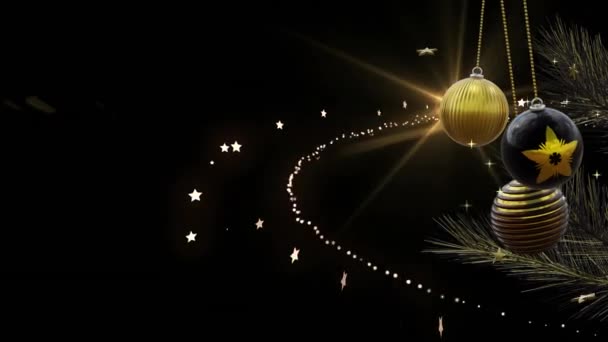 Balanceo Bolas Navidad Negro Oro Sobre Brillante Estrella Fugaz Espiral — Vídeo de stock