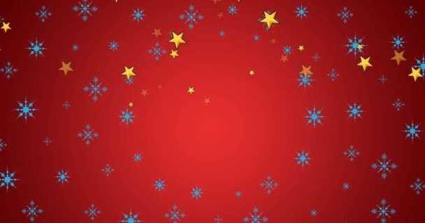 Анимация Веселых Поздравлений Счастливый Новогодний Текст Звездами Снежинками Красном Фоне — стоковое видео