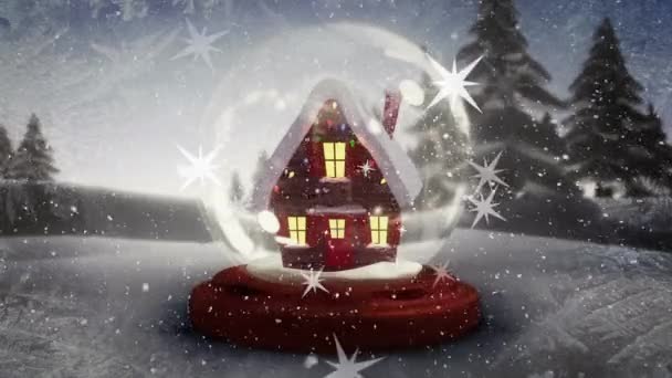 Animation Des Étoiles Chutes Neige Sur Maison Dans Sphère Verre — Video