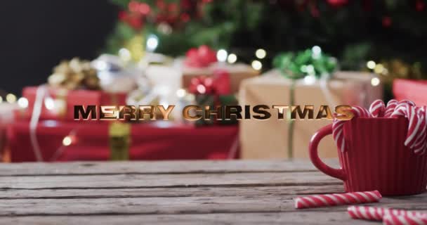 Feliz Natal Texto Ouro Sobre Bengalas Doces Presentes Natal Natal — Vídeo de Stock