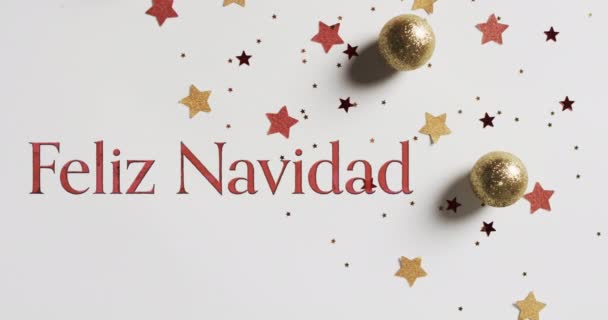 导航达德的红色文字覆盖了星空和白色背景的圣诞大杂烩 圣诞节 装饰品 西班牙语 问候和庆祝数字制作的视频 — 图库视频影像