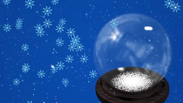 Анимация Рождественского Снежного Шара Над Снегом Падающим Синий Фон Рождество — стоковое видео