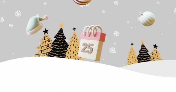 Kalendář Texty Vánoční Ozdoby Dárky Cukroví Hole Přes Zimní Scénu — Stock video