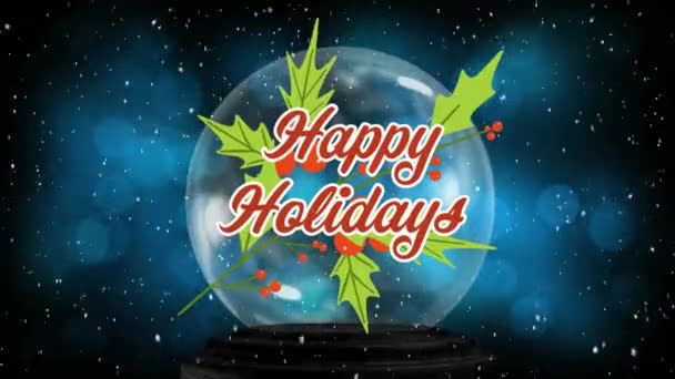 Animation Happy Holidays Cherries Leaves Glass Globe Snowfall Lens Flares — Stock Video