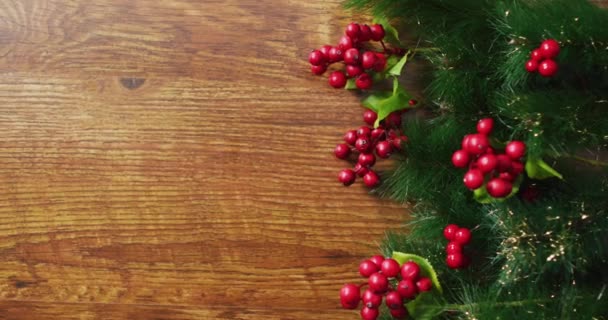 Animation Merry Christmas Happy New Year Text Berry Leaves Table — Stock Video