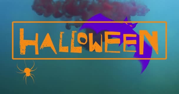 Animasjon Lykkelig Halloween Tekst Flaggermus Blå Bakgrunn Halloween Tradisjon Feiringskonsept – stockvideo